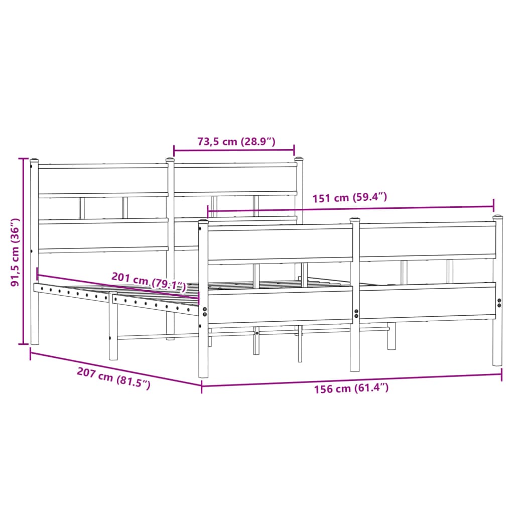füstös tölgy színű fém ágykeret matrac nélkül 150 x 200 cm