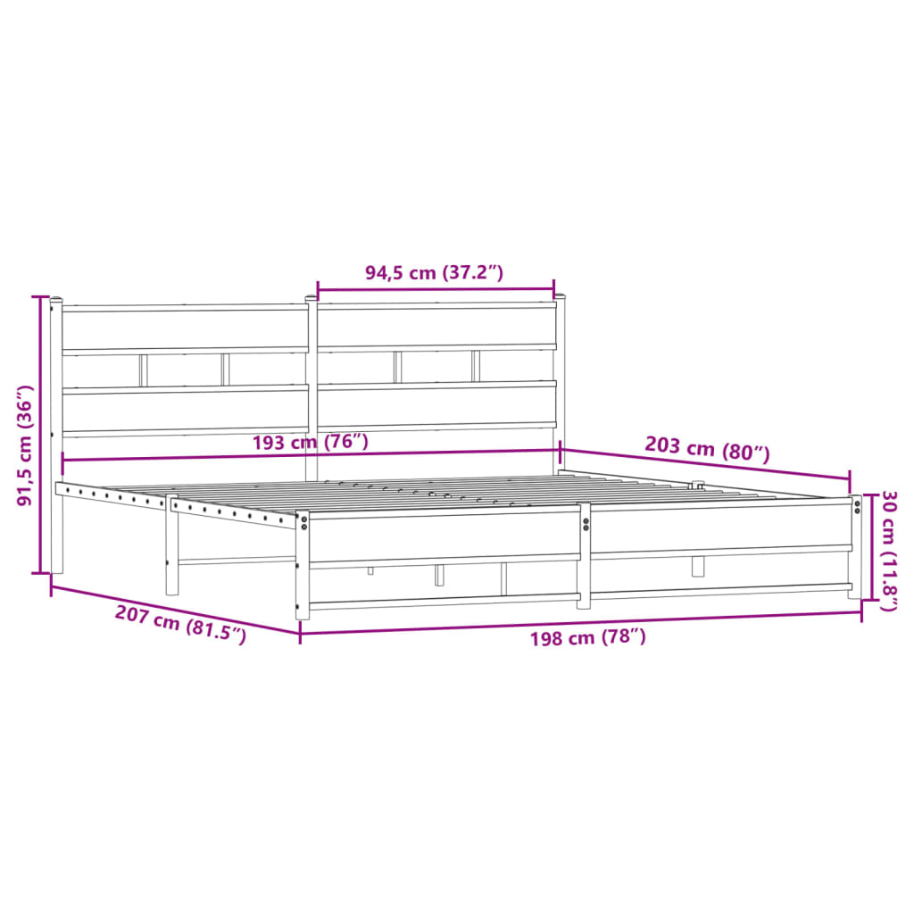 füstös tölgy színű fém ágykeret matrac nélkül 193 x 203 cm