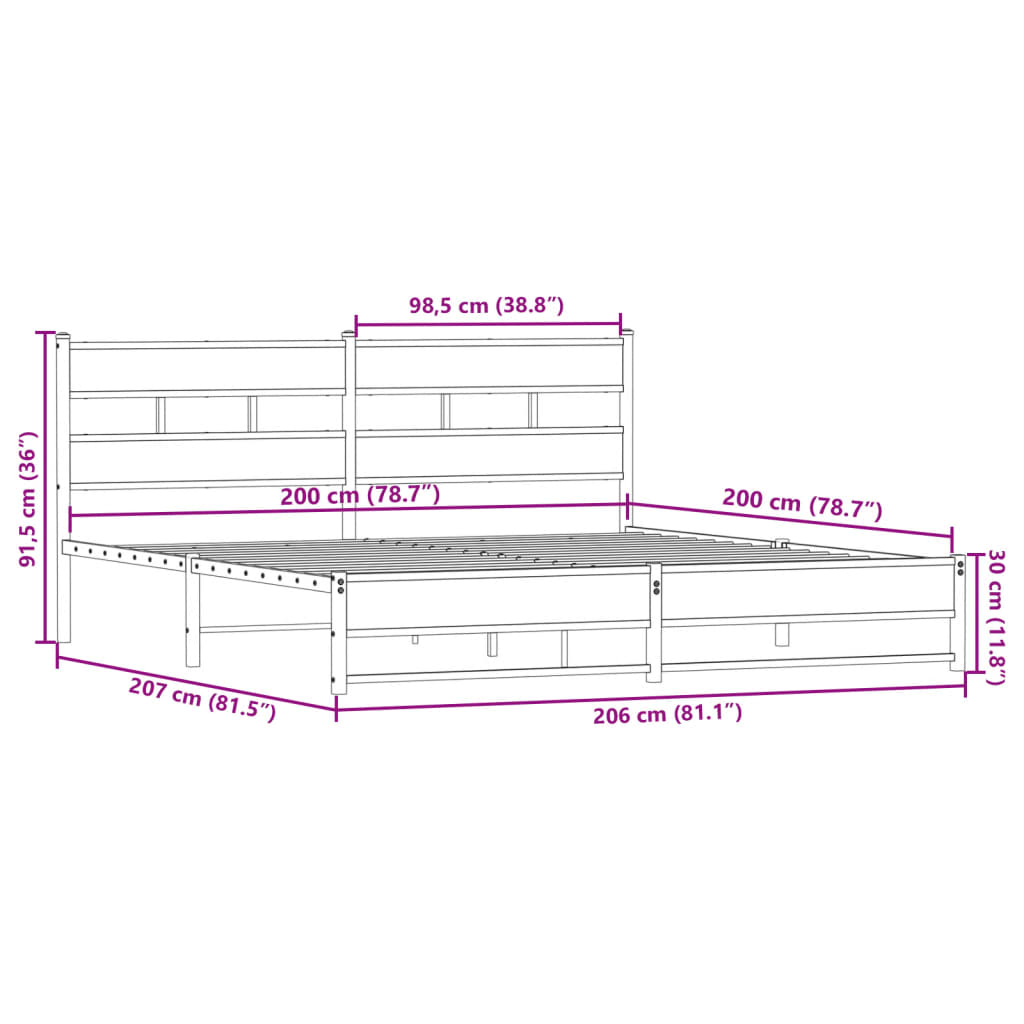 füstös tölgy színű fém ágykeret matrac nélkül 200 x 200 cm