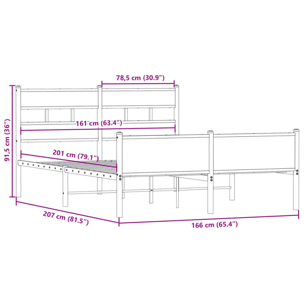 füstös tölgy színű fém ágykeret matrac nélkül 160 x 200 cm