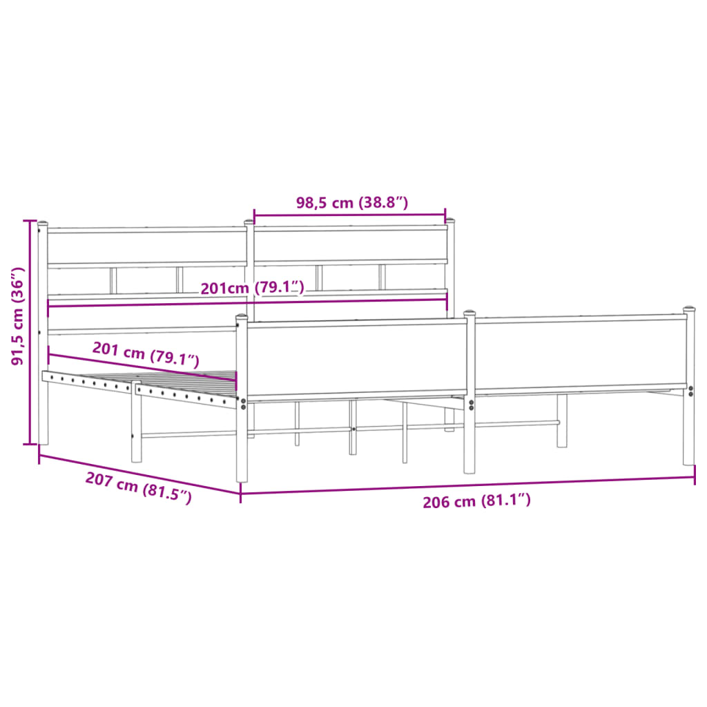füstös tölgy színű fém ágykeret matrac nélkül 200 x 200 cm