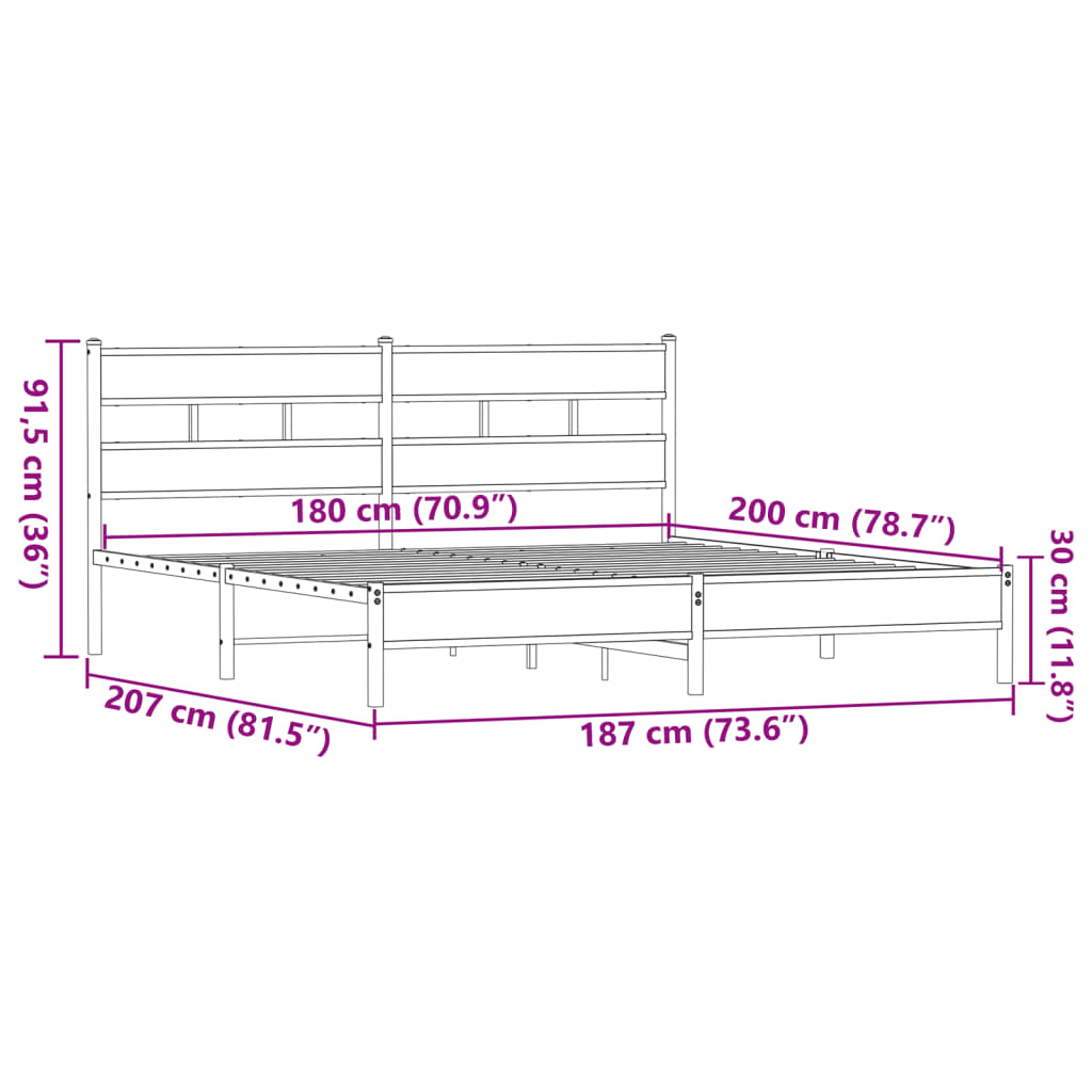 barna tölgy színű fém ágykeret matrac nélkül 180 x 200 cm