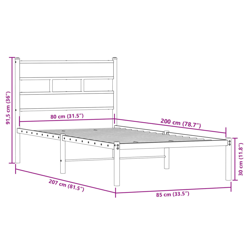 füstös tölgy színű fém ágykeret matrac nélkül 80 x 200 cm