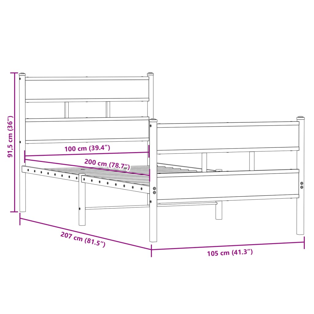 füstös tölgy színű fém ágykeret matrac nélkül 100 x 200 cm