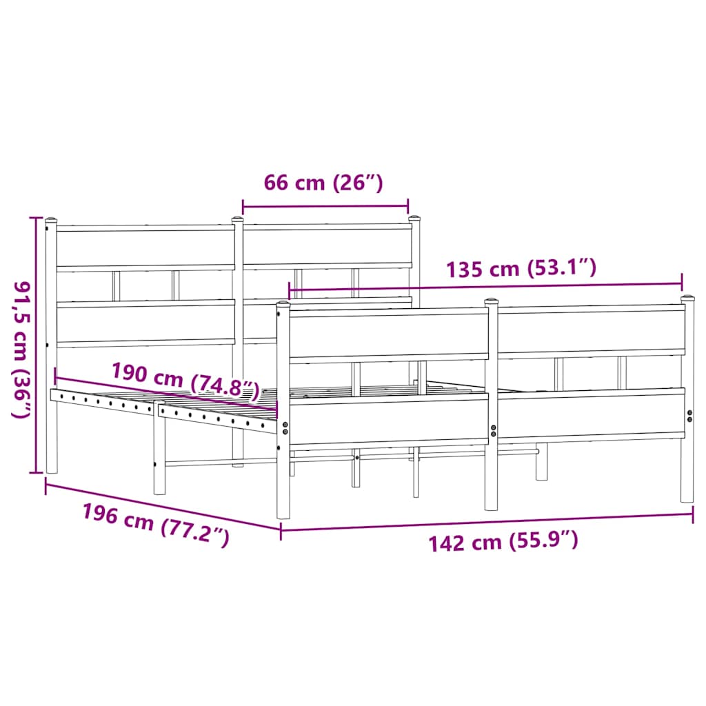 füstös tölgy színű fém ágykeret matrac nélkül 135 x 190 cm