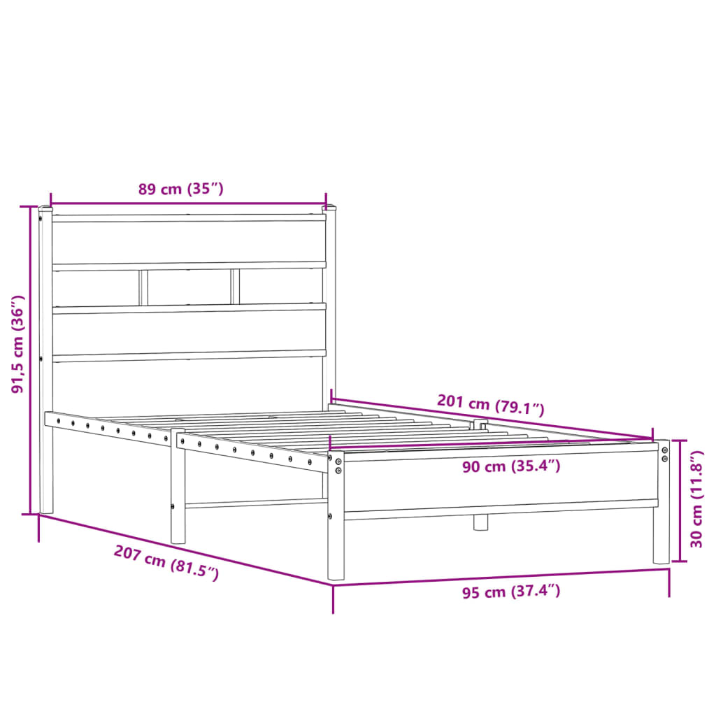 sonoma tölgy színű szerelt fa ágykeret matrac nélkül 90x200 cm