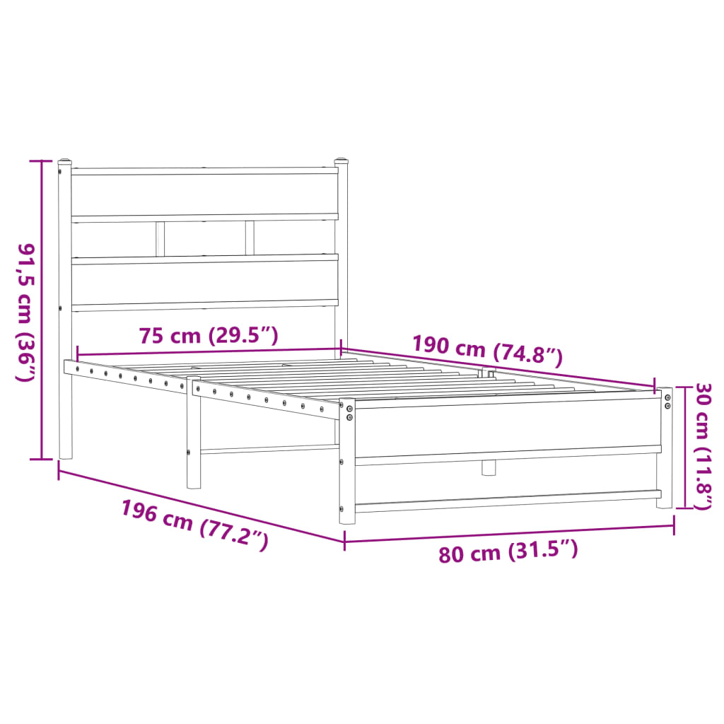 barna tölgy színű fém ágykeret matrac nélkül 75 x 190 cm