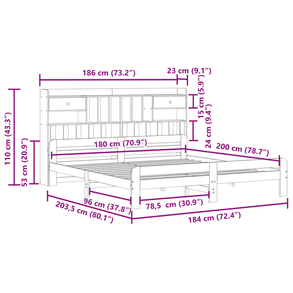 fehér tömör fenyőfa könyvespolcos ágy matrac nélkül 180x200 cm