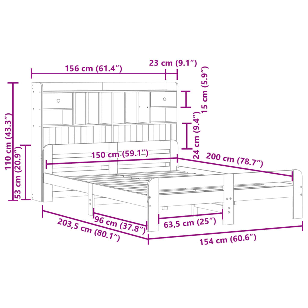 fehér tömör fenyőfa könyvespolcos ágy matrac nélkül 150x200 cm