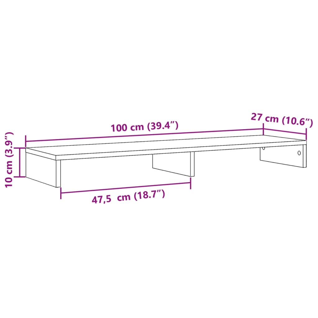 betonszürke szerelt fa monitorállvány 100 x 27 x 10 cm