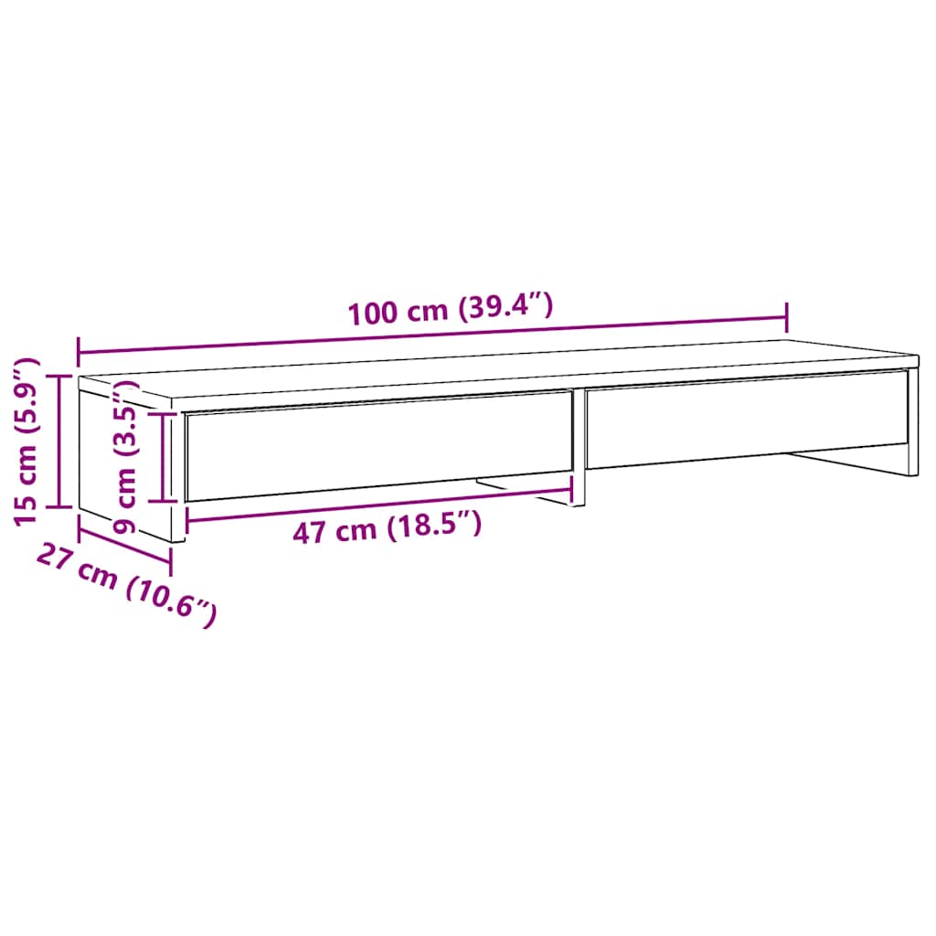 kézműves tölgy szerelt fa monitorállvány fiókokkal 100x27x15 cm