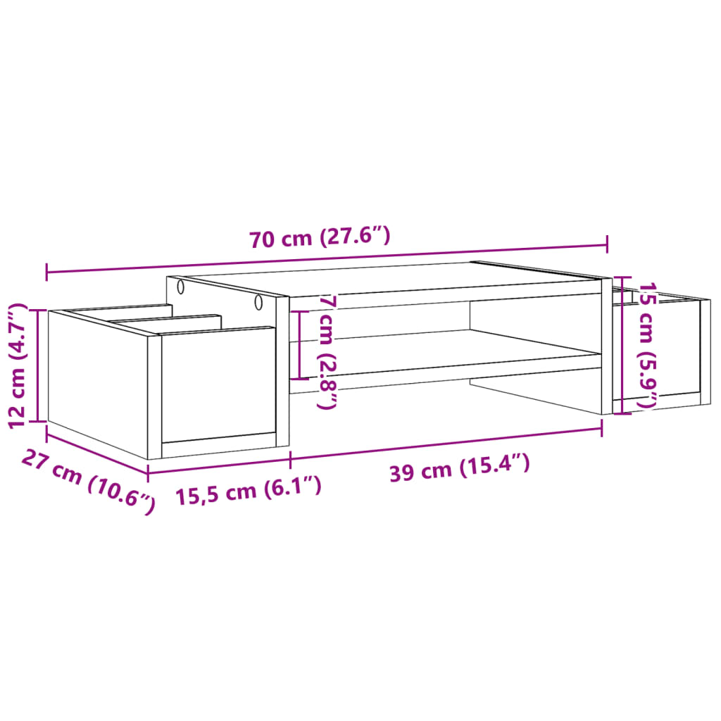 sonoma tölgy szerelt fa monitorállvány tárolóval 70x27x15 cm
