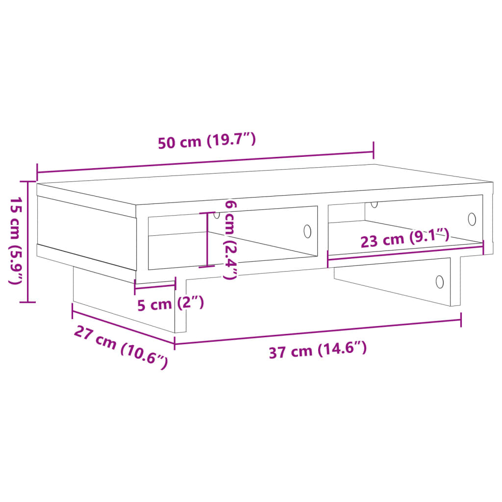 betonszürke szerelt fa monitorállvány 50 x 27 x 15 cm