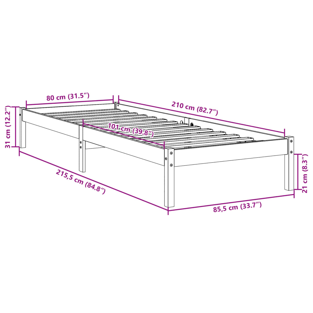 fehér tömör fenyő extra hosszú ágykeret matrac nélkül 80x210 cm