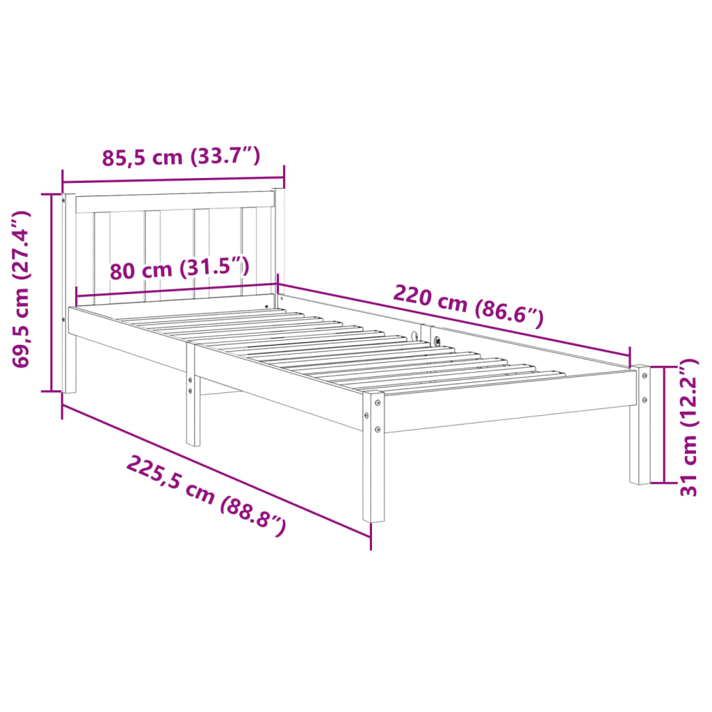 tömör fenyőfa extra hosszú ágykeret matrac nélkül 80 x 220 cm