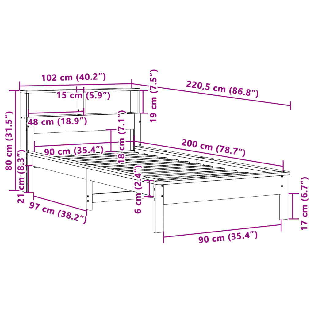 tömör fenyőfa könyvespolcos ágy matrac nélkül 90 x 200 cm