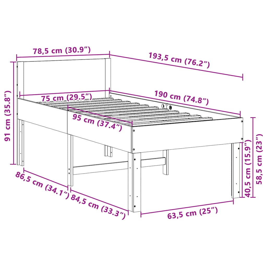 tömör fenyőfa ágy matrac nélkül 75 x 190 cm