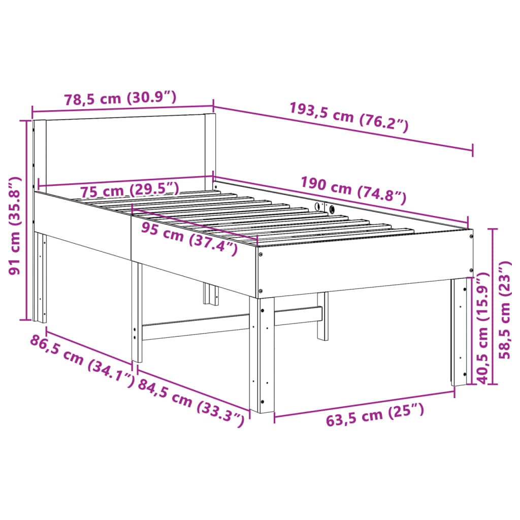 tömör fenyőfa ágy matrac nélkül 75 x 190 cm