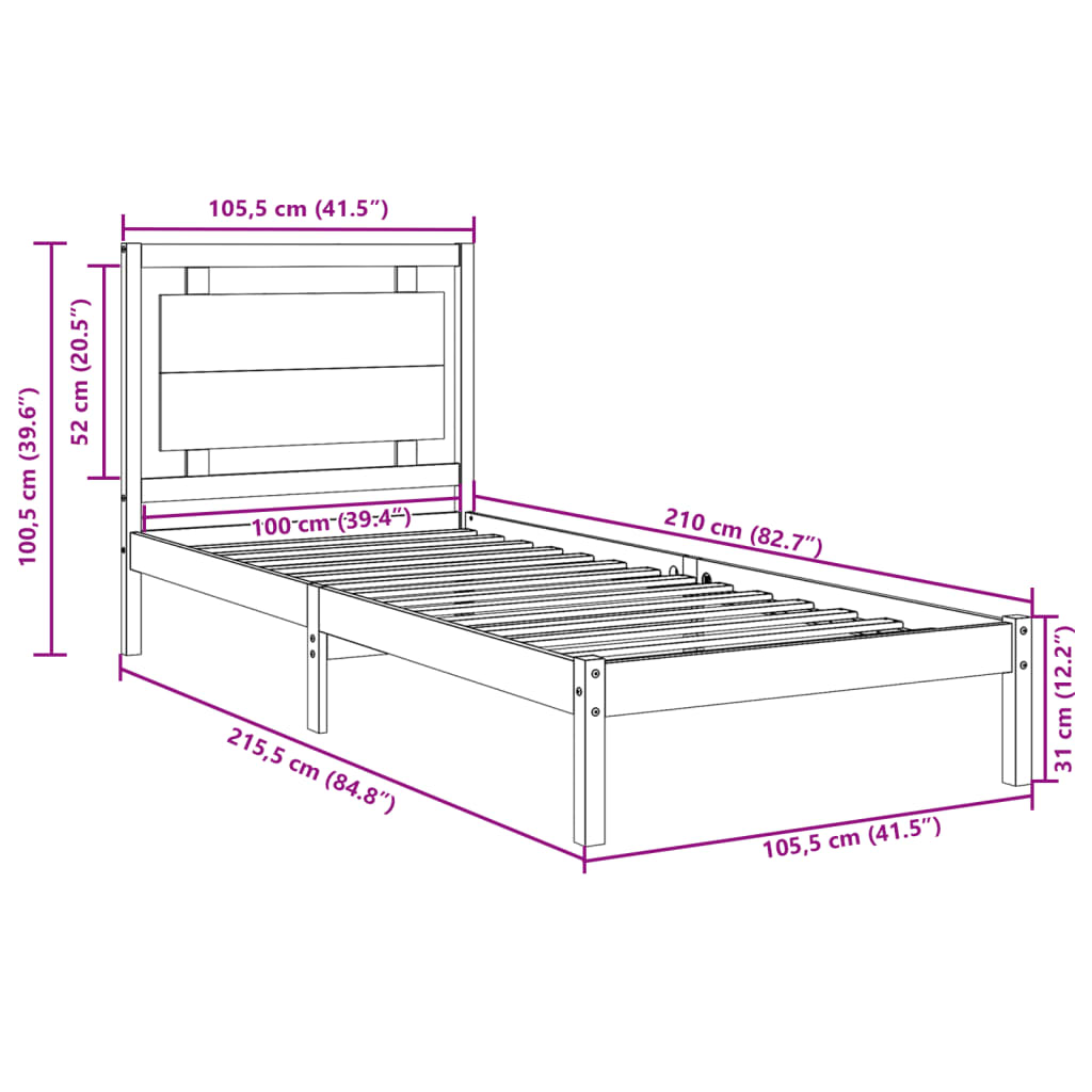 tömör fa extra hosszú ágykeret matrac nélkül 100 x 210 cm