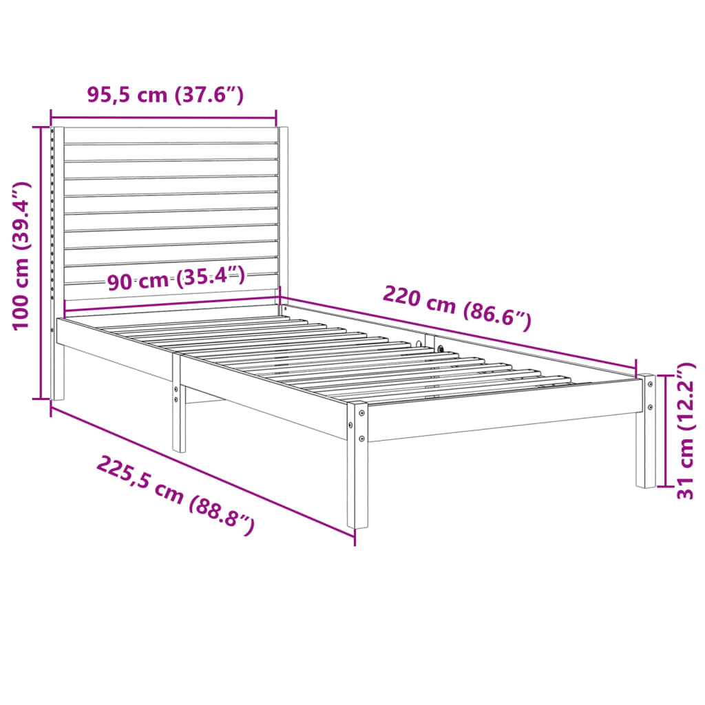 tömör fa extra hosszú ágykeret matrac nélkül 90 x 220 cm