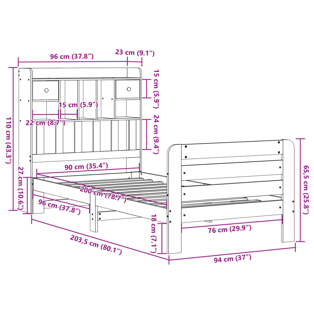 tömör fenyőfa könyvespolcos ágy matrac nélkül 90 x 200 cm