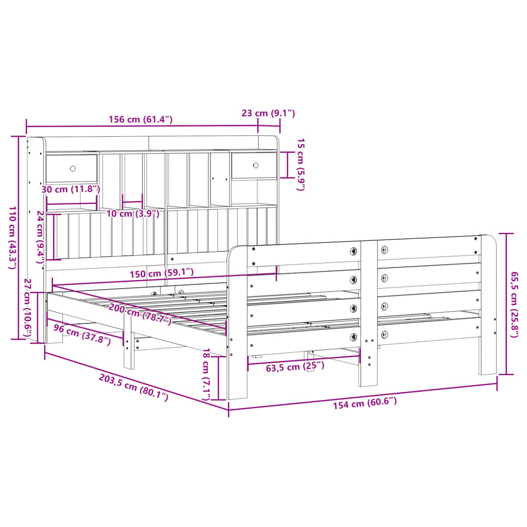 barna tömör fenyőfa könyvespolcos ágy matrac nélkül 150 x 200cm