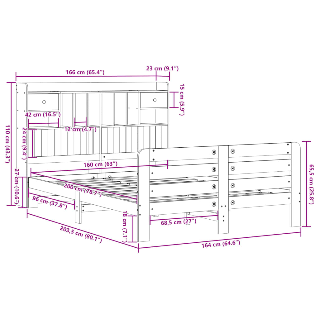 fehér tömör fenyőfa könyvespolcos ágy matrac nélkül 160x200 cm