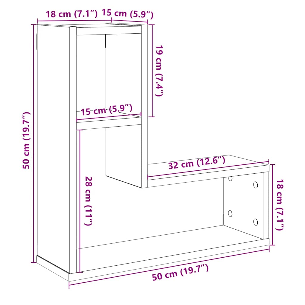 2 db kézműves tölgyszínű szerelt fa fali kockapolc 50x15x50 cm