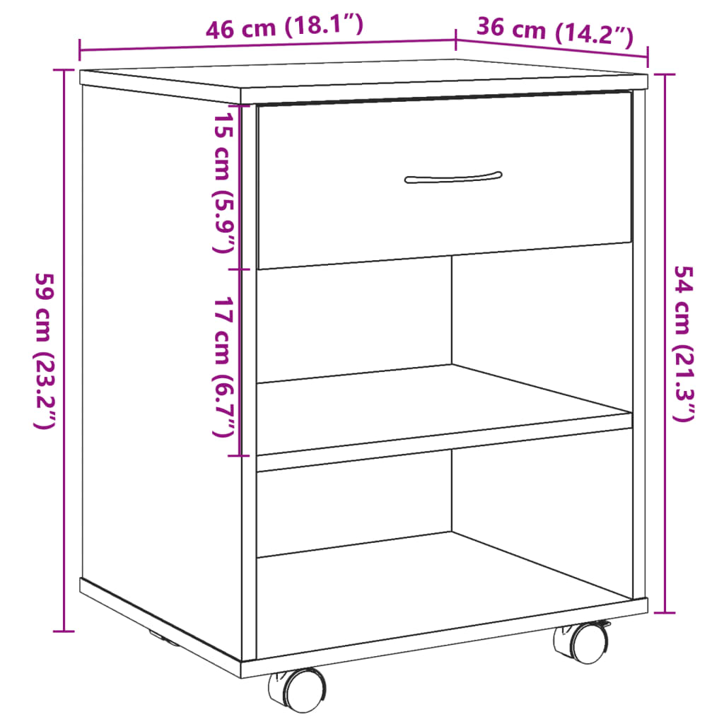 antik fa színű szerelt fa kerekes szekrény 46x36x59 cm