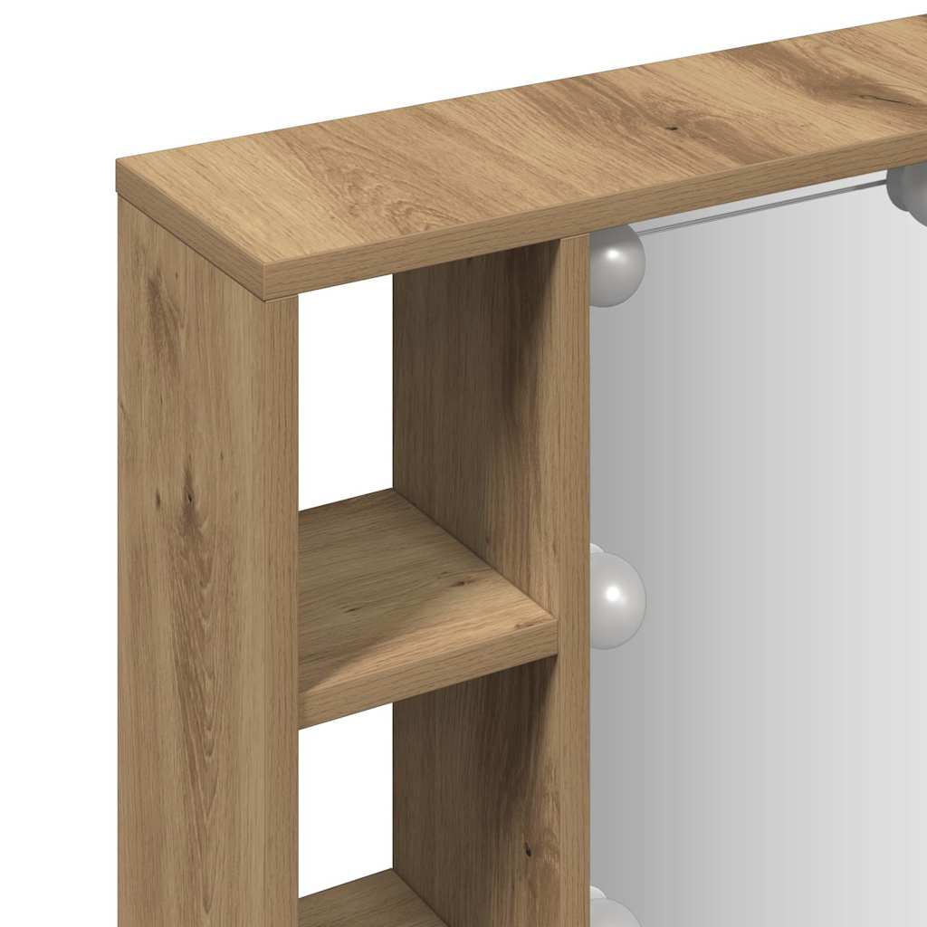 kézműves tölgy szerelt fa tükrös szekrény LED-ekkel 76x15x55 cm