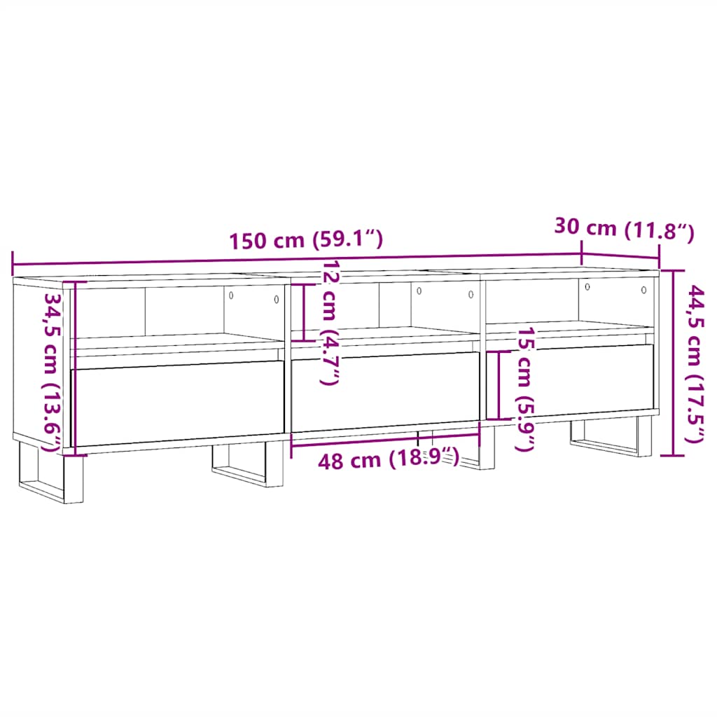antik fa színű szerelt fa TV-szekrény 150 x 30 x 44,5 cm