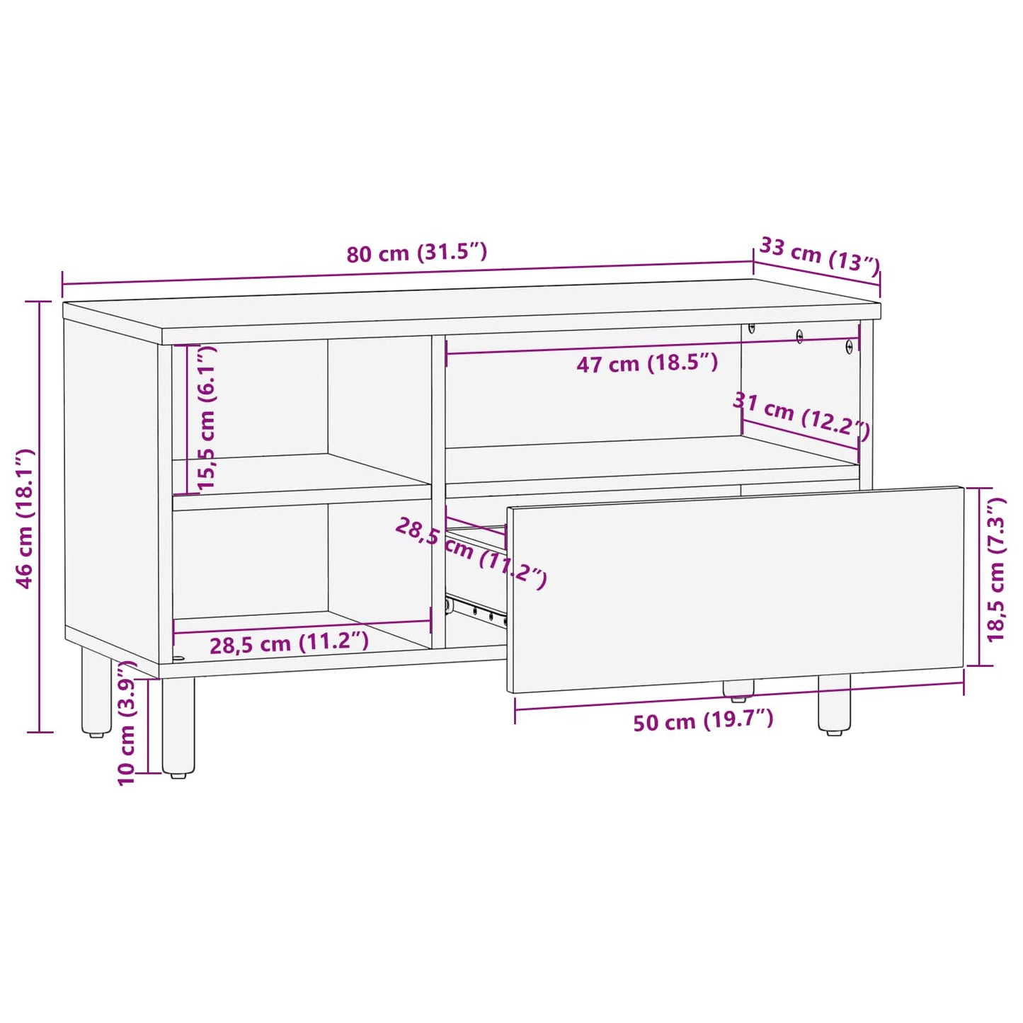 TV szekrény Akácbarna felület 80 x 33 x 46 cm Tömör Mangófát