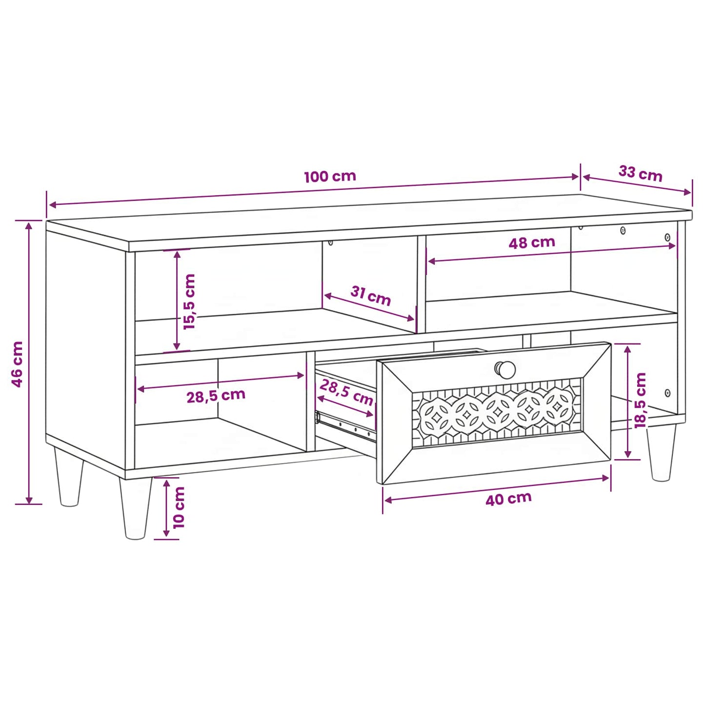 TV szekrény fiókkal polcokkal 100 x 33 x 46 cm Tömör Mangófát