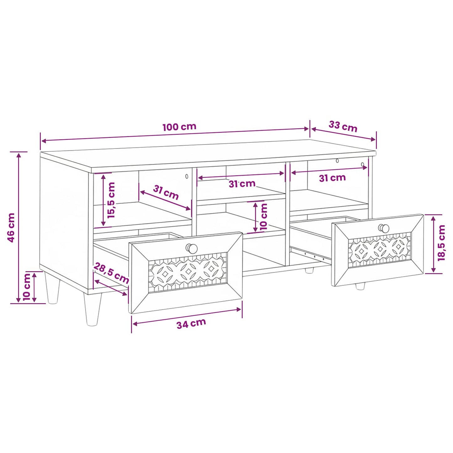 TV szekrény Fehérre fehérített 100 x 33 x 46 cm Tömör Mangófát