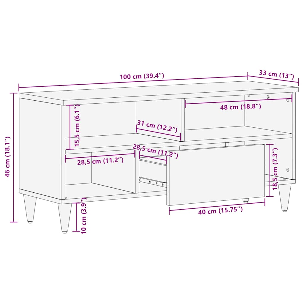 TV szekrény fiókkal Méz barna 100 x 33 x 46 cm Tömör Mangófát