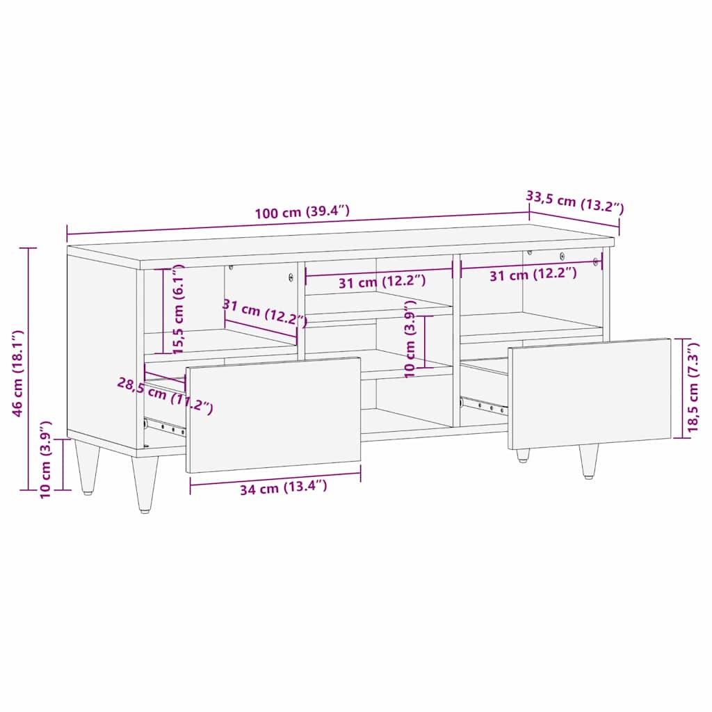 TV szekrény fiókkal Barna 100 x 33,5 x 46 cm Tömör Mangófát