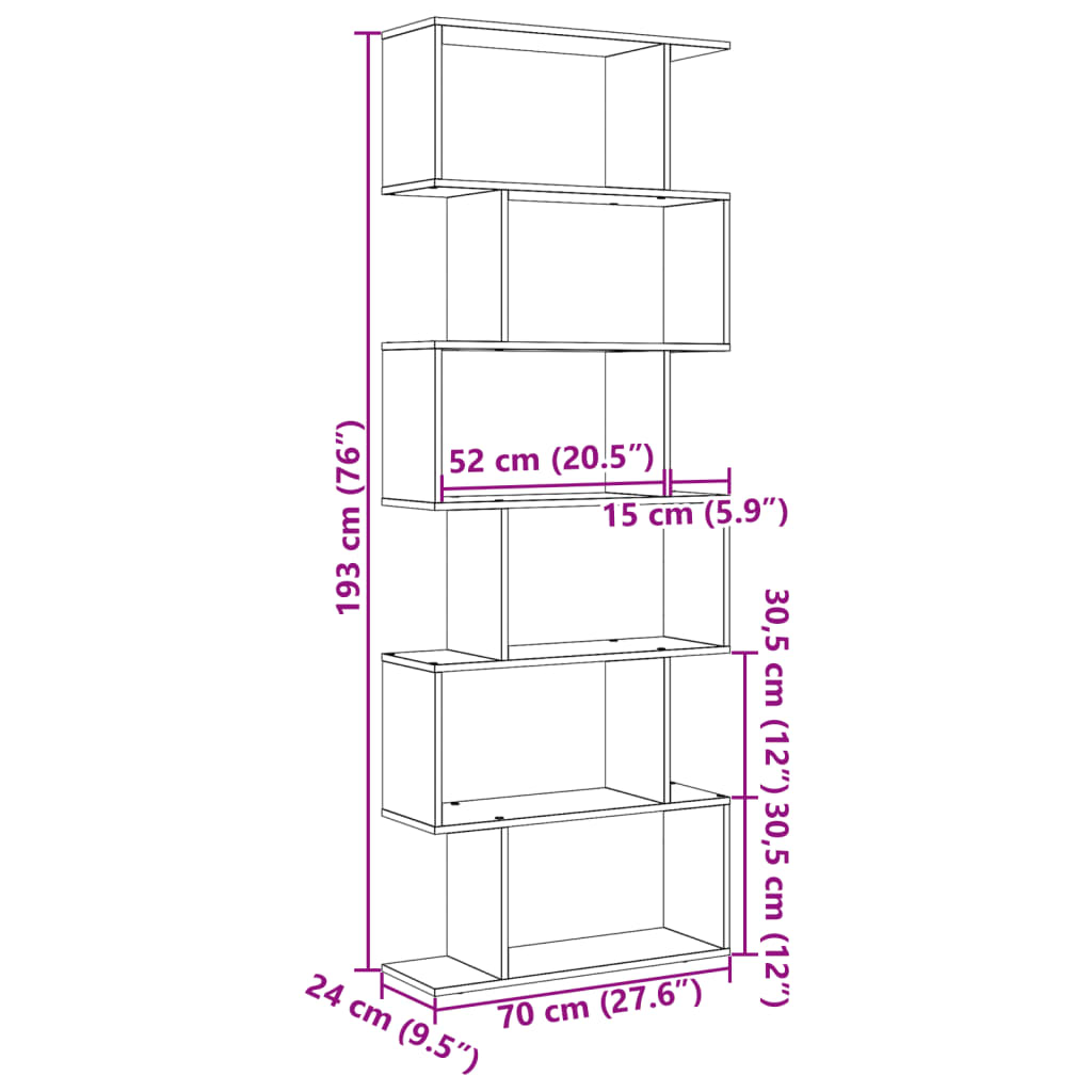 6 szintes antik fa színű fa elválasztó könyvespolc 70x24x193 cm