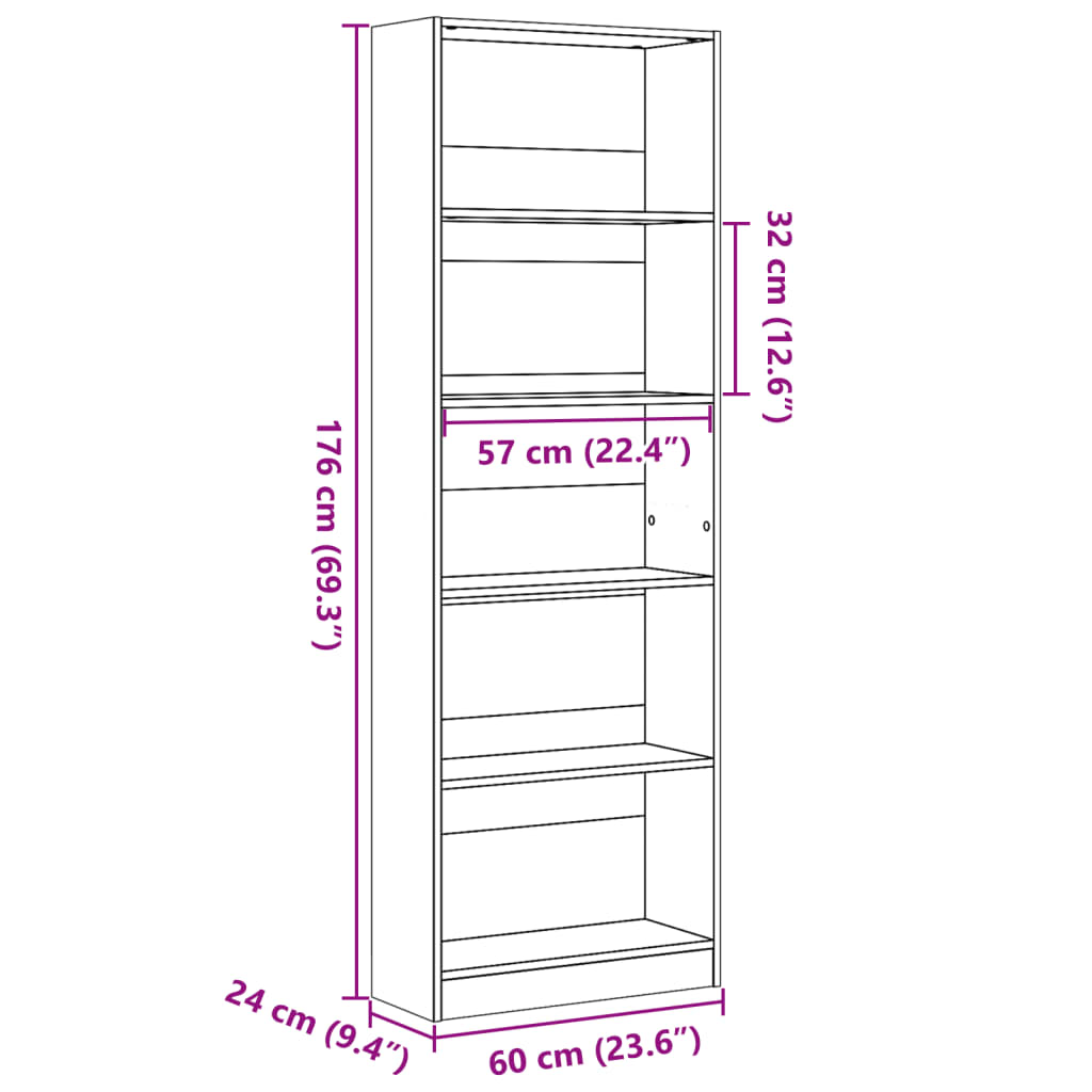 antik fa színű szerelt fa könyvespolc 60 x 24 x 176 cm