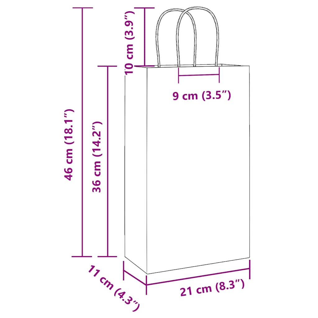 50 db barna papírzacskók fogantyúkkal 21x11x36 cm