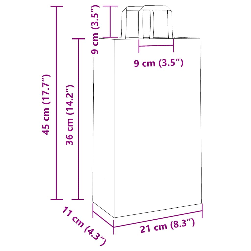 250 db fehér papírzacskók fogantyúkkal 21x11x36 cm