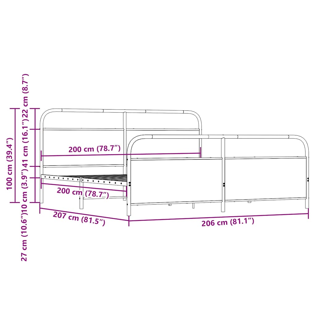 sonoma tölgy színű fém ágykeret matrac nélkül 200 x 200 cm