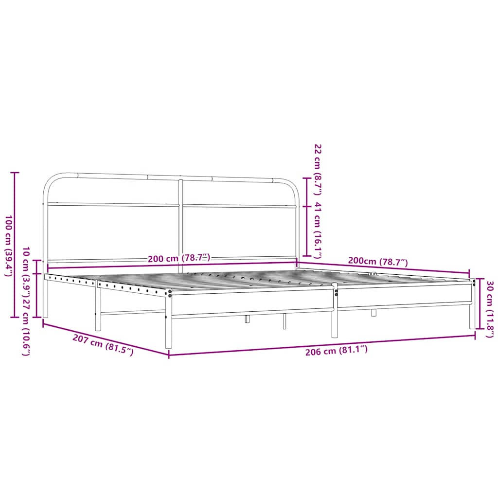 barna tölgy színű fém ágykeret matrac nélkül 200 x 200 cm