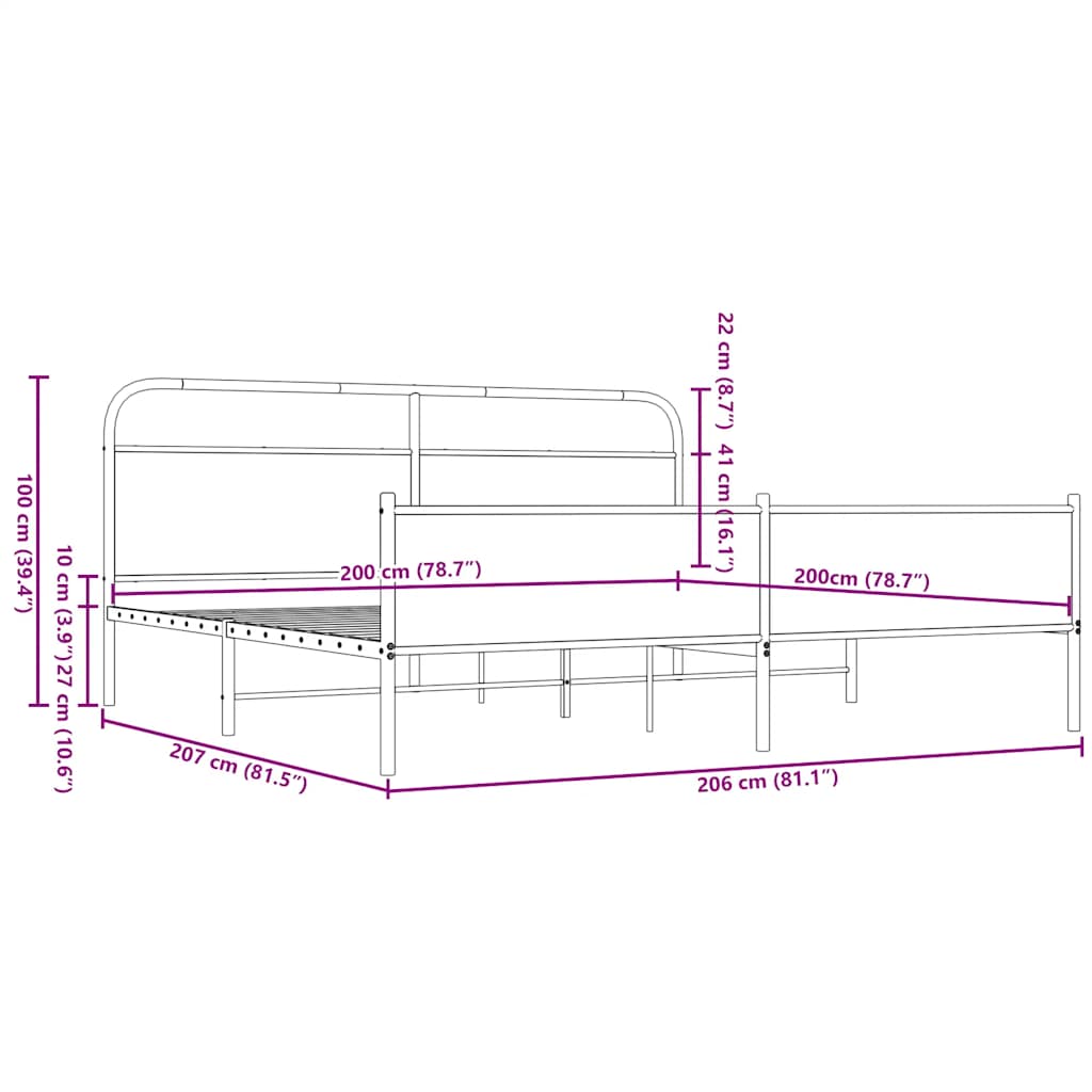 barna tölgy színű fém ágykeret matrac nélkül 200 x 200 cm