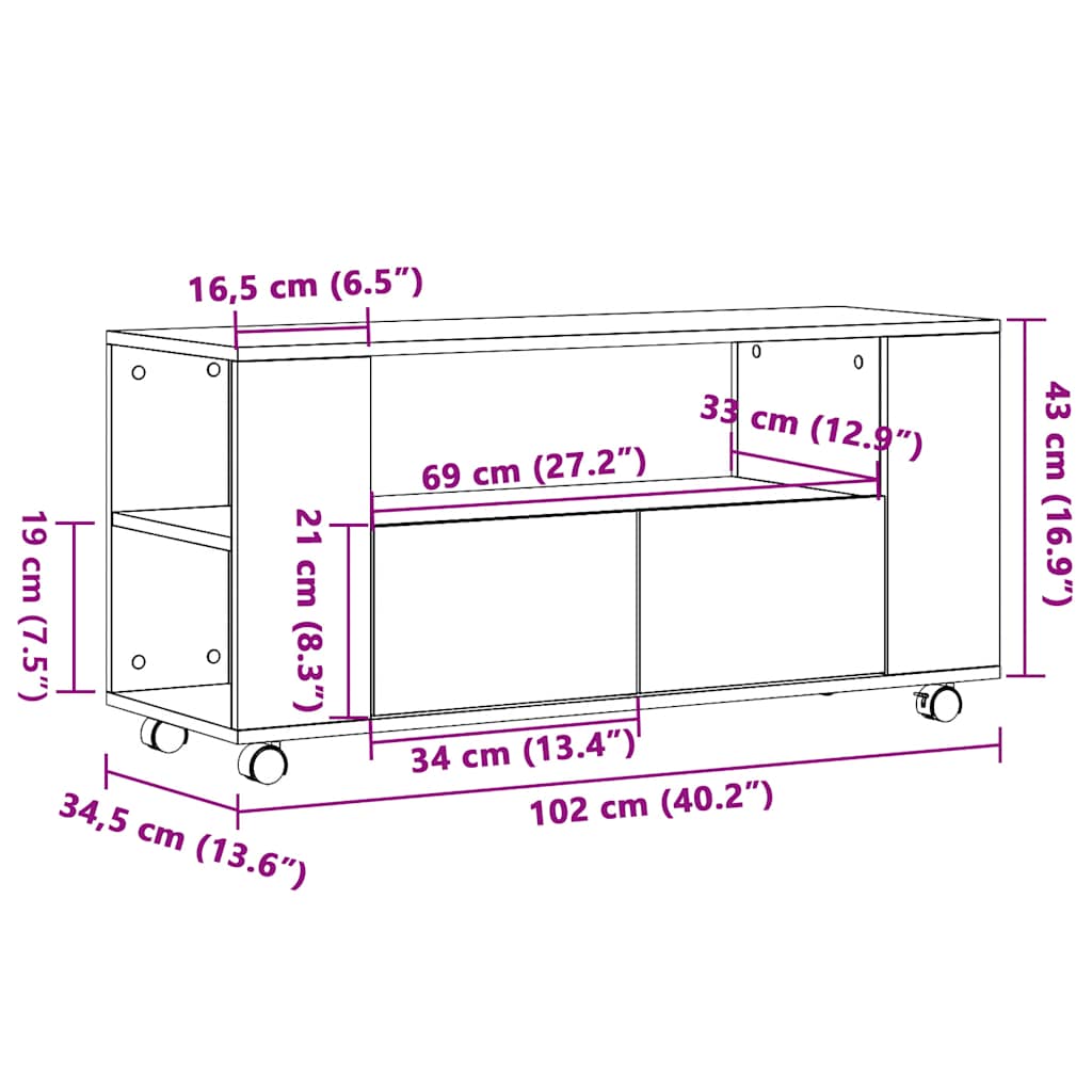 antik fa színű szerelt fa TV-szekrény kerekekkel 102x34,5x43 cm