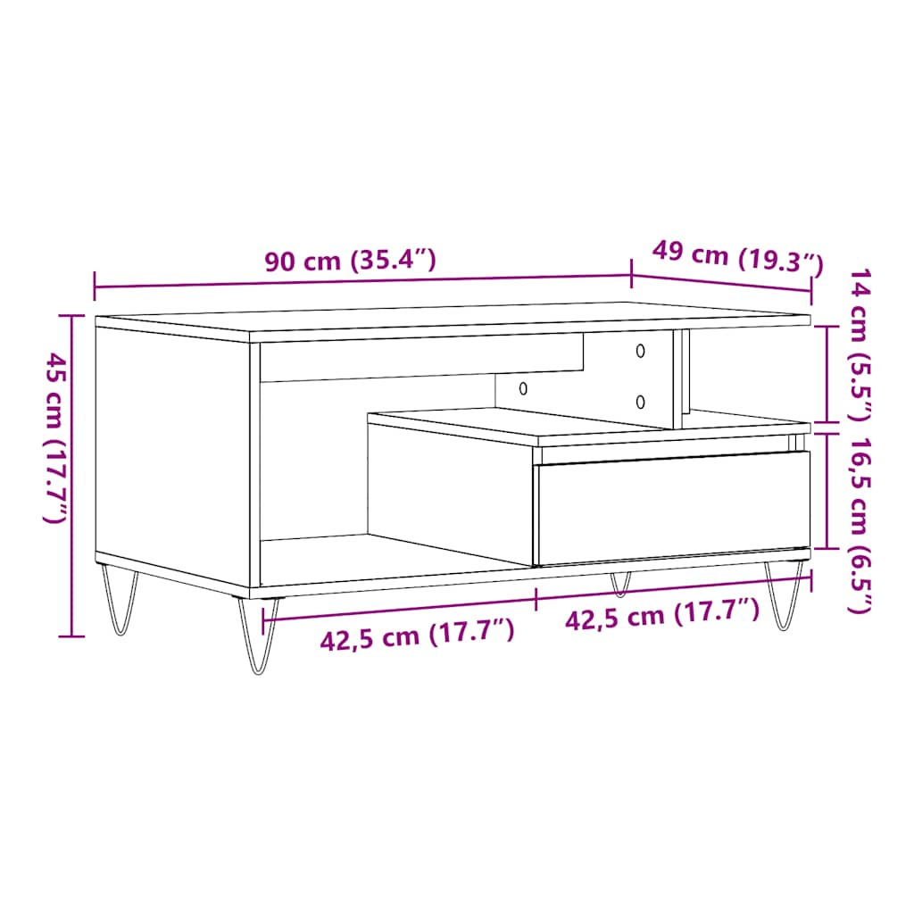 antik fa színű szerelt fa dohányzóasztal 90 x 49 x 45 cm