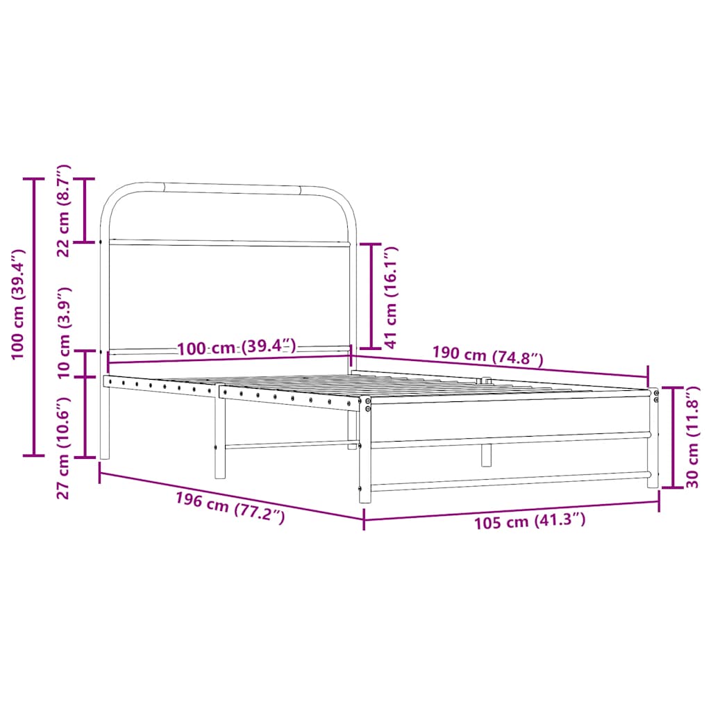 ágykeret matrac nélkül 100x190 cm füstölt tölgy fűrészelt fa