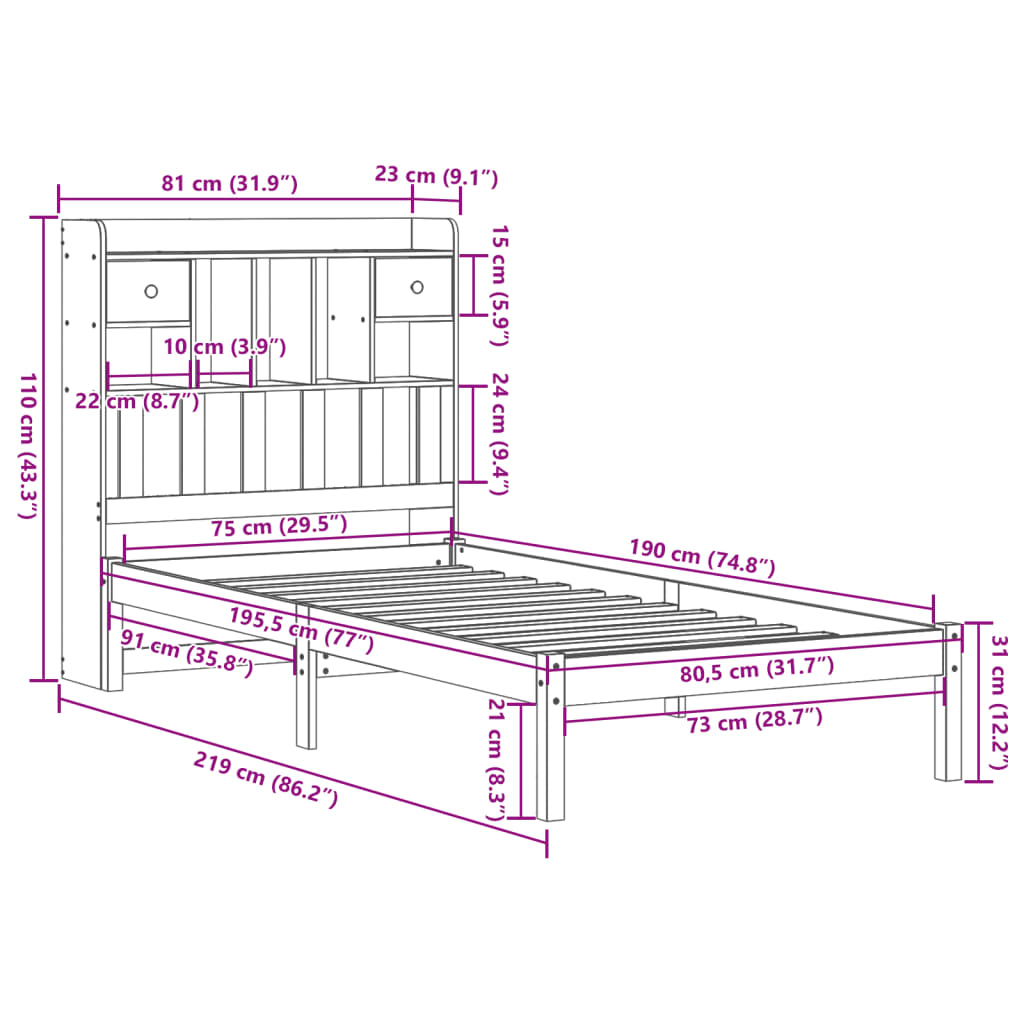 barna tömör fenyőfa könyvespolcos ágy matrac nélkül 75 x 190 cm