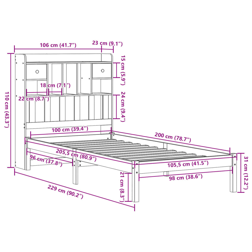 barna tömör fenyőfa könyvespolcos ágy matrac nélkül 100 x 200cm