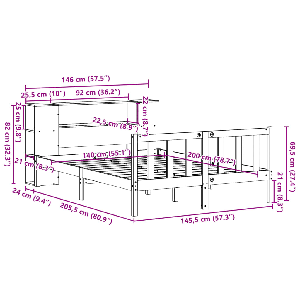 fehér tömör fenyőfa könyvespolcos ágy matrac nélkül 140x200 cm