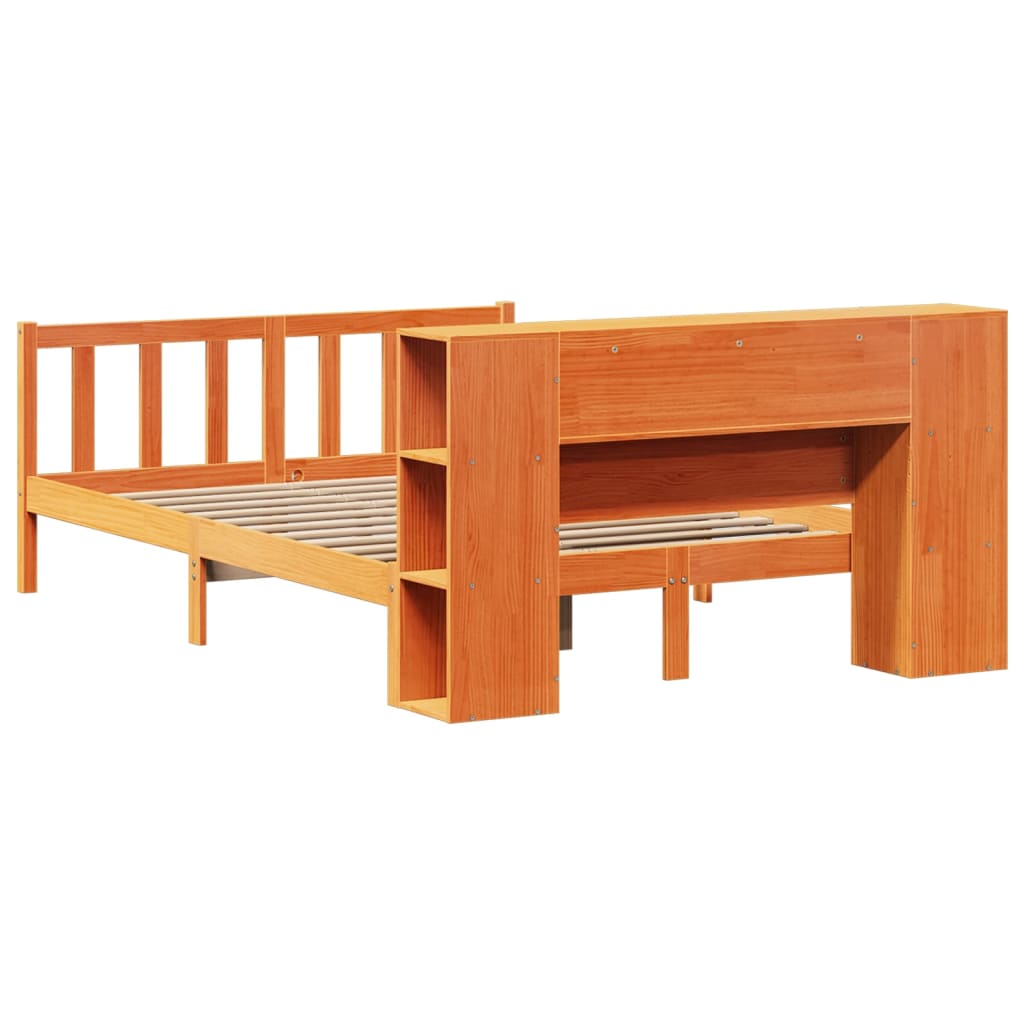 barna tömör fenyőfa könyvespolcos ágy matrac nélkül 140 x 190cm